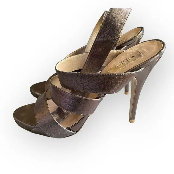 AUTH Valentino Garavani Bronze Metallic Strappy High Heel Slingback Shoes 41