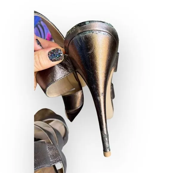 AUTH Valentino Garavani Bronze Metallic Strappy High Heel Slingback Shoes 41