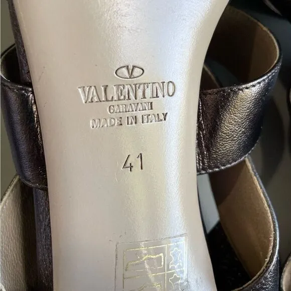 AUTH Valentino Garavani Bronze Metallic Strappy High Heel Slingback Shoes 41