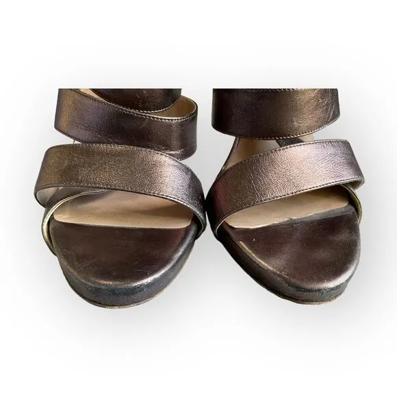 AUTH Valentino Garavani Bronze Metallic Strappy High Heel Slingback Shoes 41