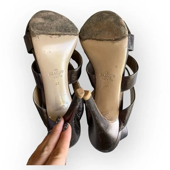 AUTH Valentino Garavani Bronze Metallic Strappy High Heel Slingback Shoes 41