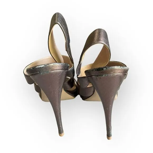 AUTH Valentino Garavani Bronze Metallic Strappy High Heel Slingback Shoes 41
