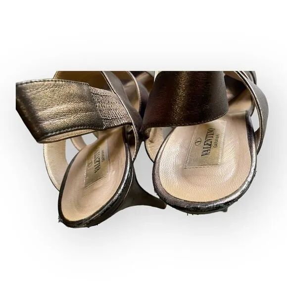 AUTH Valentino Garavani Bronze Metallic Strappy High Heel Slingback Shoes 41