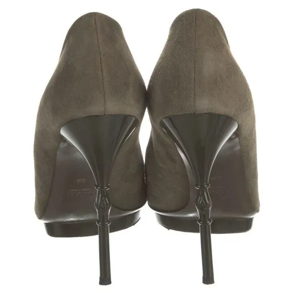 Authentic GUCCI Olive Green Suede Bamboo Stiletto Peep Toe Heel Shoe Size 39 EUC