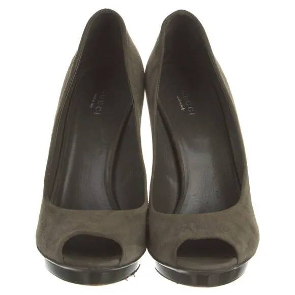 Authentic GUCCI Olive Green Suede Bamboo Stiletto Peep Toe Heel Shoe Size 39 EUC