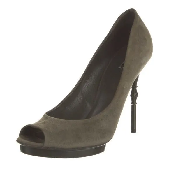 Authentic GUCCI Olive Green Suede Bamboo Stiletto Peep Toe Heel Shoe Size 39 EUC