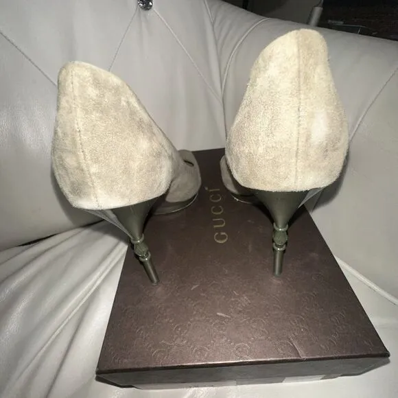 Authentic GUCCI Olive Green Suede Bamboo Stiletto Peep Toe Heel Shoe Size 39 EUC