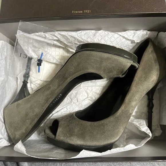 Authentic GUCCI Olive Green Suede Bamboo Stiletto Peep Toe Heel Shoe Size 39 EUC