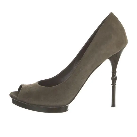 Authentic GUCCI Olive Green Suede Bamboo Stiletto Peep Toe Heel Shoe Size 39 EUC
