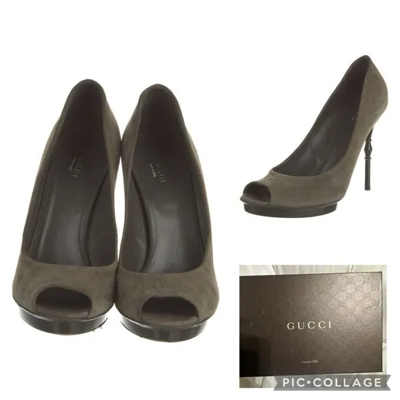 Authentic GUCCI Olive Green Suede Bamboo Stiletto Peep Toe Heel Shoe Size 39 EUC