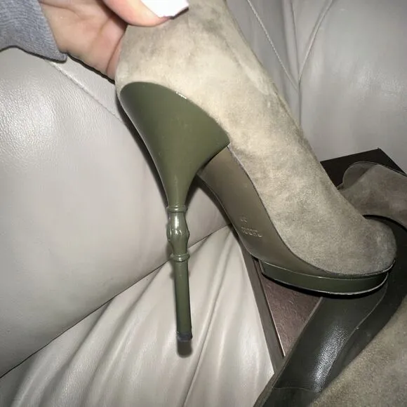 Authentic GUCCI Olive Green Suede Bamboo Stiletto Peep Toe Heel Shoe Size 39 EUC
