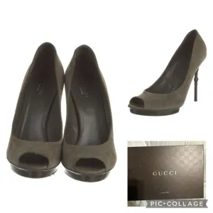 Authentic GUCCI Olive Green Suede Bamboo Stiletto Peep Toe Heel Shoe Size 39 EUC