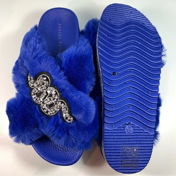 Azalea Wang Blue Platform Faux Fur Slides Bling Snake NWOB
