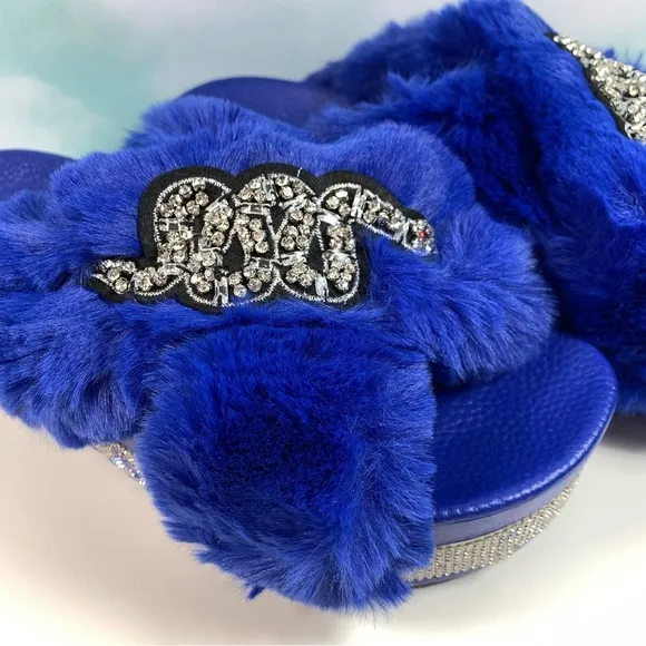 Azalea Wang Blue Platform Faux Fur Slides Bling Snake NWOB