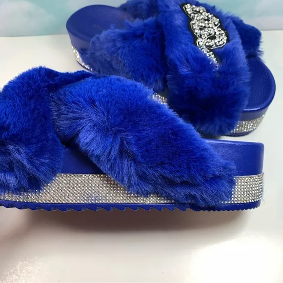 Azalea Wang Blue Platform Faux Fur Slides Bling Snake NWOB