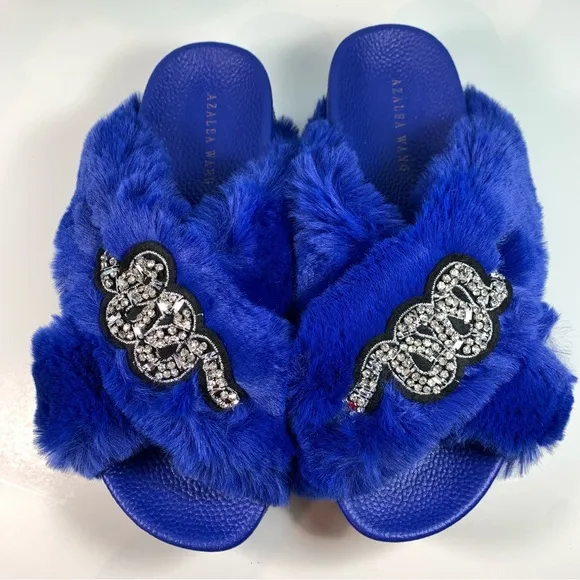 Azalea Wang Blue Platform Faux Fur Slides Bling Snake NWOB