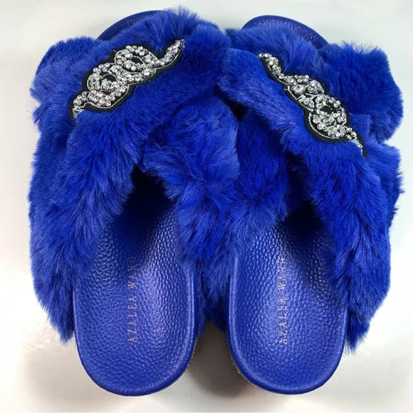 Azalea Wang Blue Platform Faux Fur Slides Bling Snake NWOB