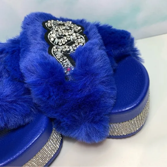 Azalea Wang Blue Platform Faux Fur Slides Bling Snake NWOB
