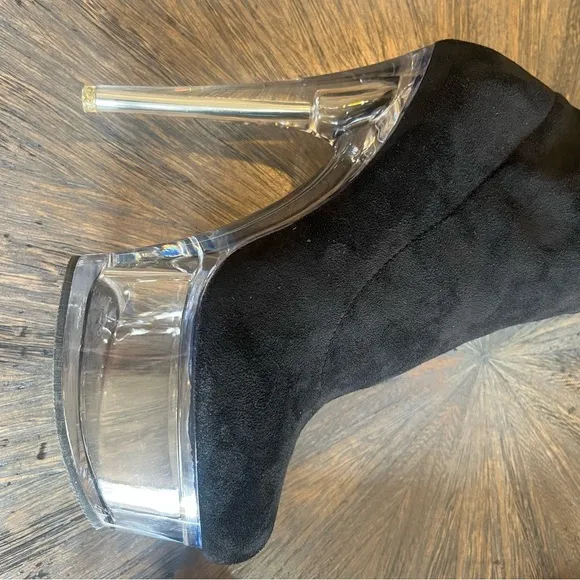 Azalea Wang Clear Acrylic Platform Bootie with Black Suede Upper 7.5