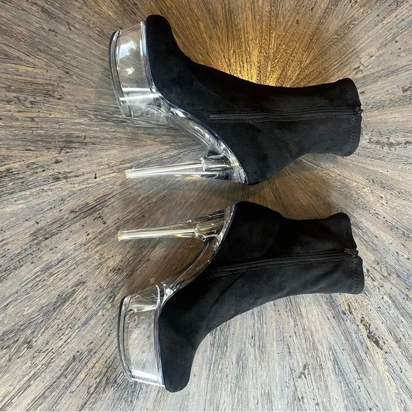 Azalea Wang Clear Acrylic Platform Bootie with Black Suede Upper 7.5