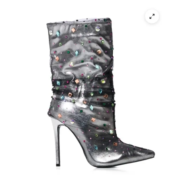 Azalea Wang Silver Embellished Boots Heels Stiletto 7.5 Shoes NEW