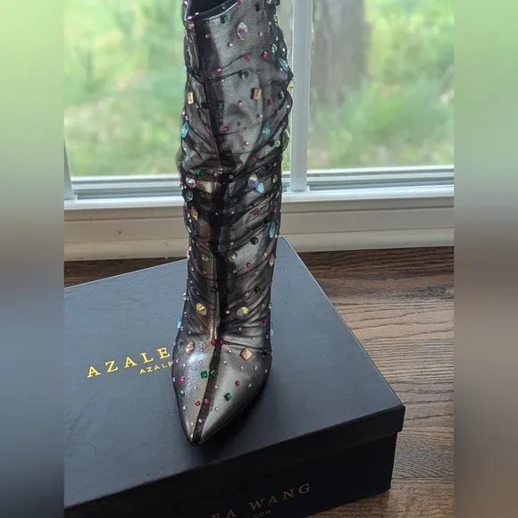 Azalea Wang Silver Embellished Boots Heels Stiletto 7.5 Shoes NEW