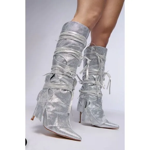 AZALEA WANG Silver Stilleto Style Point Toe Cowboy Western Shoes sz 10 $150