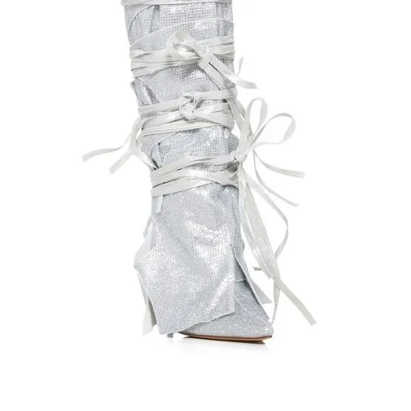 AZALEA WANG Silver Stilleto Style Point Toe Cowboy Western Shoes sz 10 $150