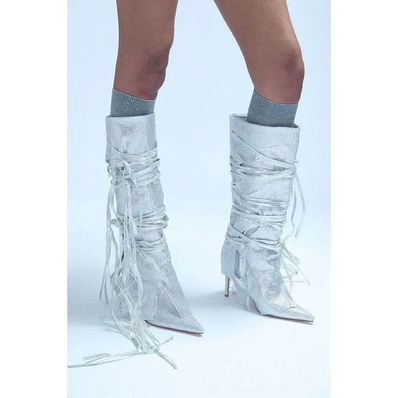 AZALEA WANG Silver Stilleto Style Point Toe Cowboy Western Shoes sz 10 $150