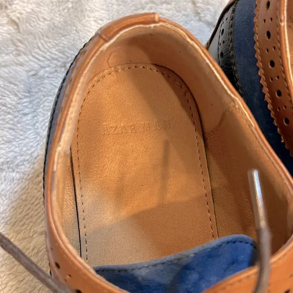 Azar Man Navy Blue &amp; Cognac Leather Suede Lace-Up Oxfords Dress Shoes / Men’s 9