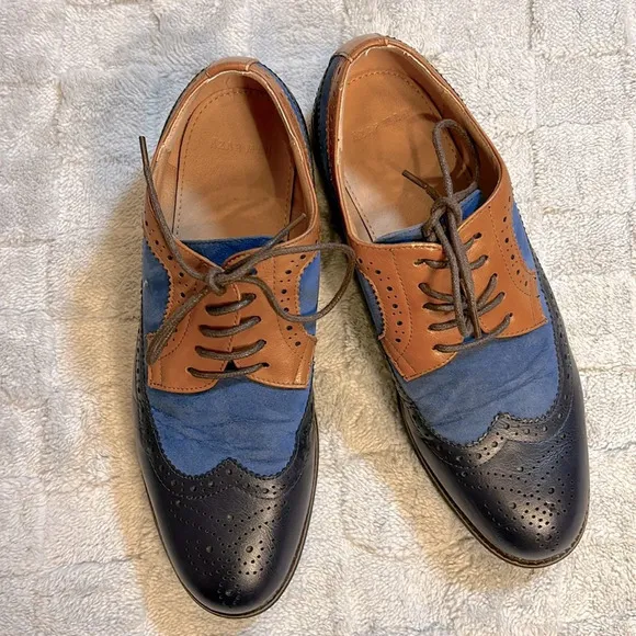 Azar Man Navy Blue &amp; Cognac Leather Suede Lace-Up Oxfords Dress Shoes / Men’s 9