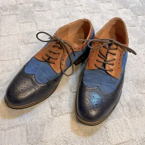 Azar Man Navy Blue &amp; Cognac Leather Suede Lace-Up Oxfords Dress Shoes / Men’s 9