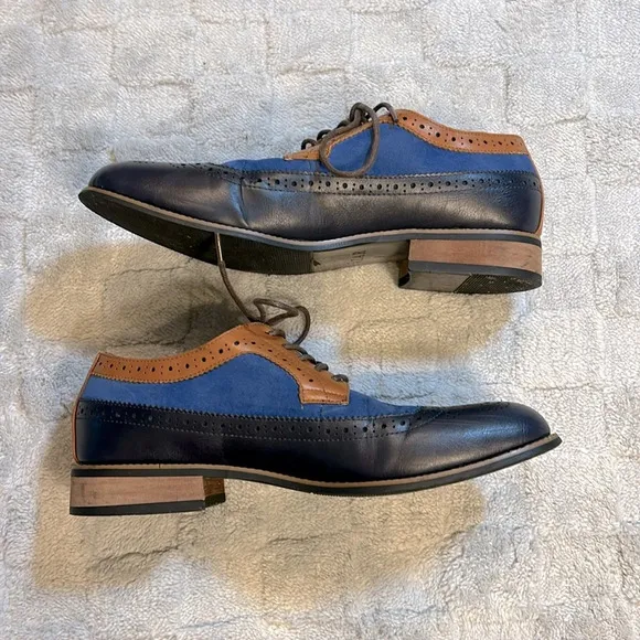 Azar Man Navy Blue &amp; Cognac Leather Suede Lace-Up Oxfords Dress Shoes / Men’s 9