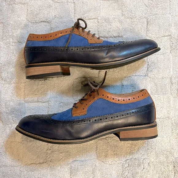 Azar Man Navy Blue &amp; Cognac Leather Suede Lace-Up Oxfords Dress Shoes / Men’s 9