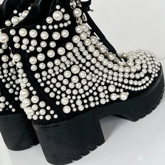 AZELEA WANG Cavalier Pearl Bubble Ankle Boots Goth Black Size 7 NEW