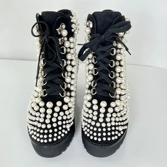 AZELEA WANG Cavalier Pearl Bubble Ankle Boots Goth Black Size 7 NEW