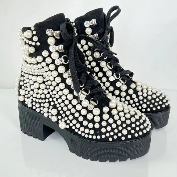 AZELEA WANG Cavalier Pearl Bubble Ankle Boots Goth Black Size 7 NEW