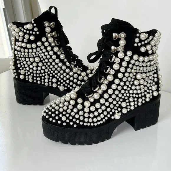 AZELEA WANG Cavalier Pearl Bubble Ankle Boots Goth Black Size 7 NEW