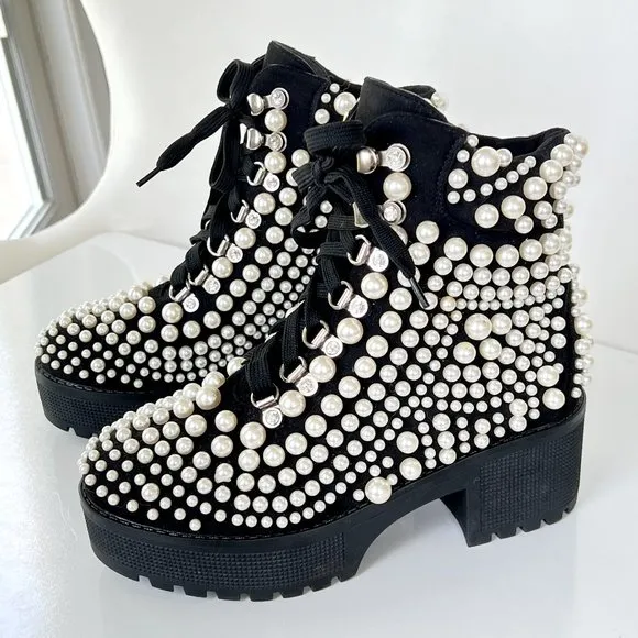 AZELEA WANG Cavalier Pearl Bubble Ankle Boots Goth Black Size 7 NEW