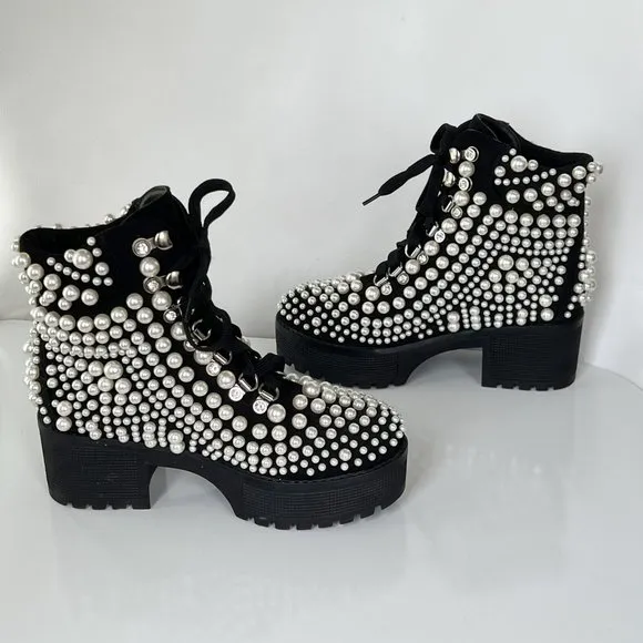 AZELEA WANG Cavalier Pearl Bubble Ankle Boots Goth Black Size 7 NEW