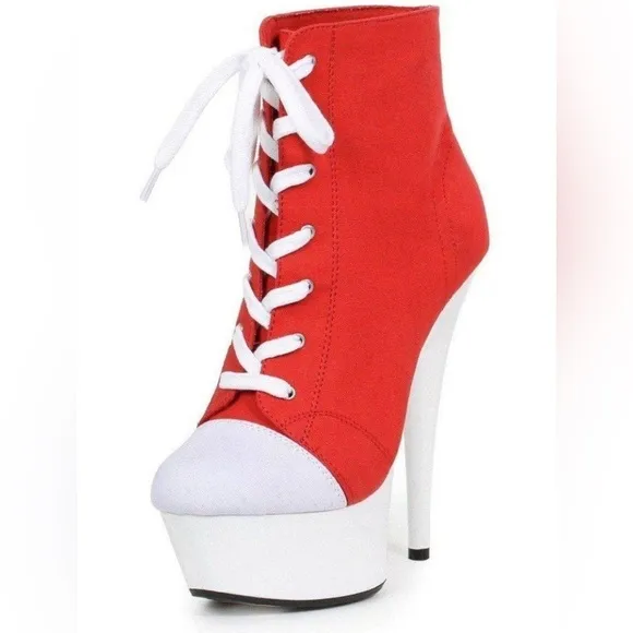 🦋B2G1🦋ELLIE SHOES 6&quot; RED Sneaker Lace Up Stiletto Bootie |609-Sneaks |