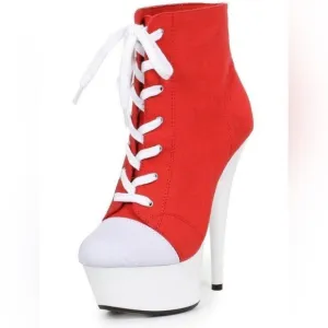 🦋B2G1🦋ELLIE SHOES 6&quot; RED Sneaker Lace Up Stiletto Bootie |609-Sneaks |