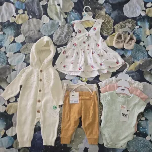 Baby Clothing Set with Cream Romper, Onesies, Pants, Floral Dress and Shoes