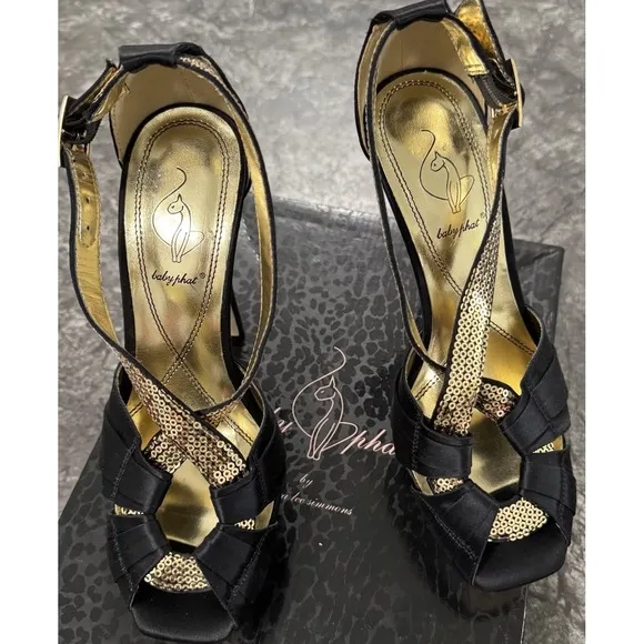 Baby Phat Womens Y2K Rosita Peep Toe Strappy Platform Stilettos Black Gold Sz 7