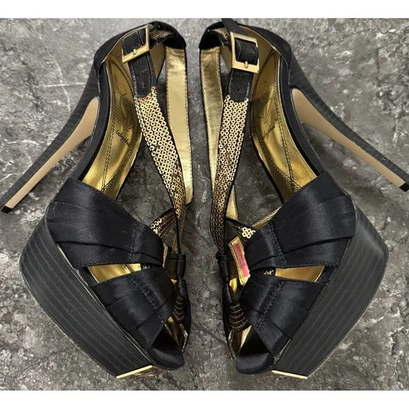 Baby Phat Womens Y2K Rosita Peep Toe Strappy Platform Stilettos Black Gold Sz 7
