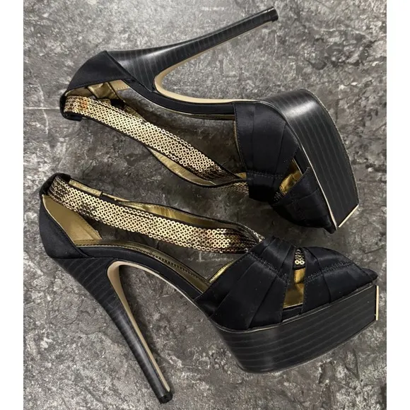 Baby Phat Womens Y2K Rosita Peep Toe Strappy Platform Stilettos Black Gold Sz 7