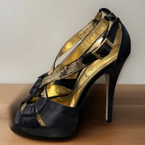 Baby Phat Womens Y2K Rosita Peep Toe Strappy Platform Stilettos Black Gold Sz 7