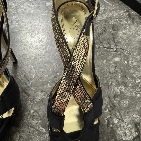 Baby Phat Womens Y2K Rosita Peep Toe Strappy Platform Stilettos Black Gold Sz 7