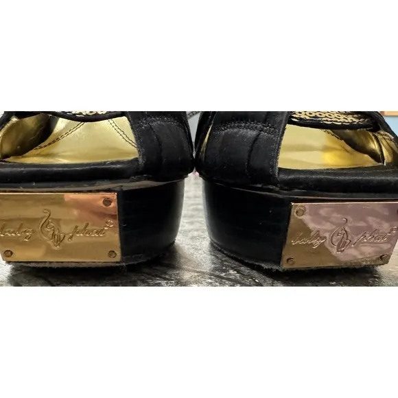 Baby Phat Womens Y2K Rosita Peep Toe Strappy Platform Stilettos Black Gold Sz 7