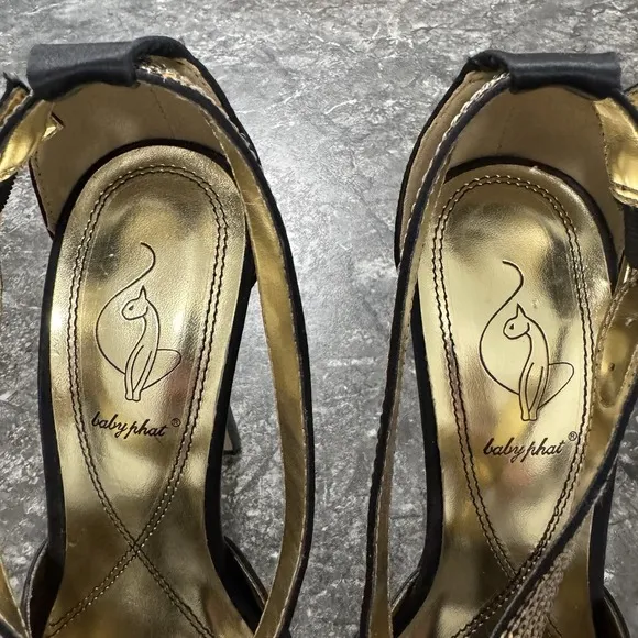 Baby Phat Womens Y2K Rosita Peep Toe Strappy Platform Stilettos Black Gold Sz 7